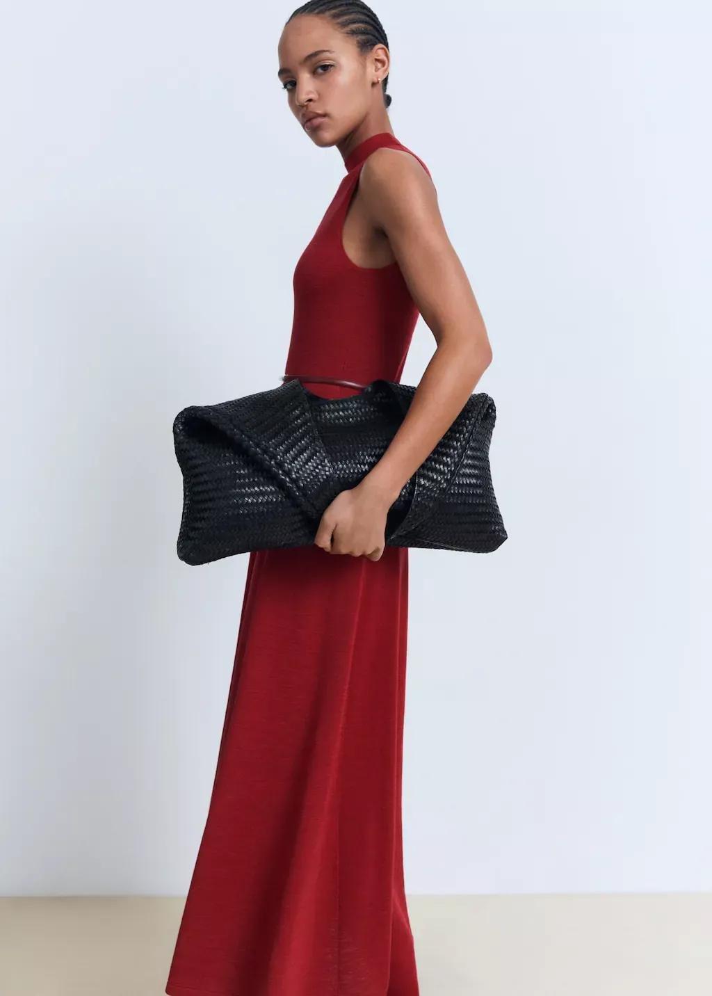 Red Fine-Knit Flared Dress, Red, large image number 0