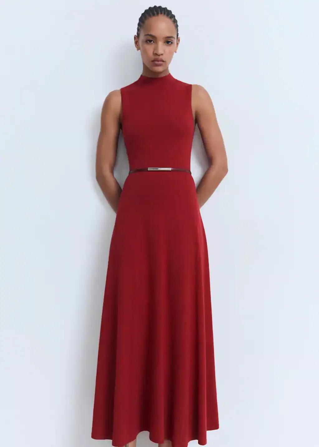 Red Fine-Knit Flared Dress, Red, large image number 2