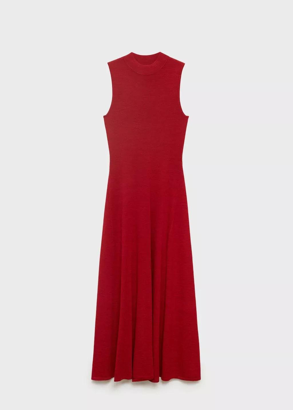 Red Fine-Knit Flared Dress, Red, large image number 3
