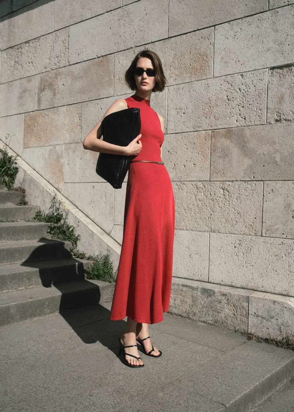 Red Fine-Knit Flared Dress, Red, large image number 4