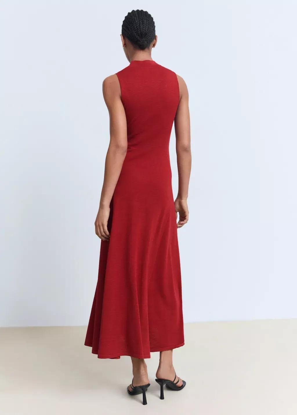 Red Fine-Knit Flared Dress, Red, large image number 6