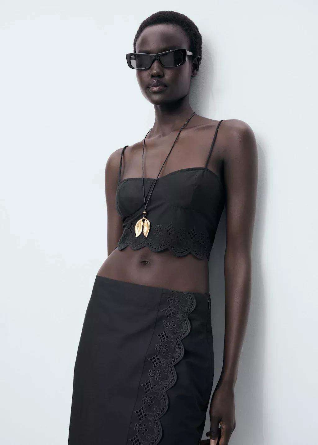 Black Embroidered Cotton Skirt, , large image number 0