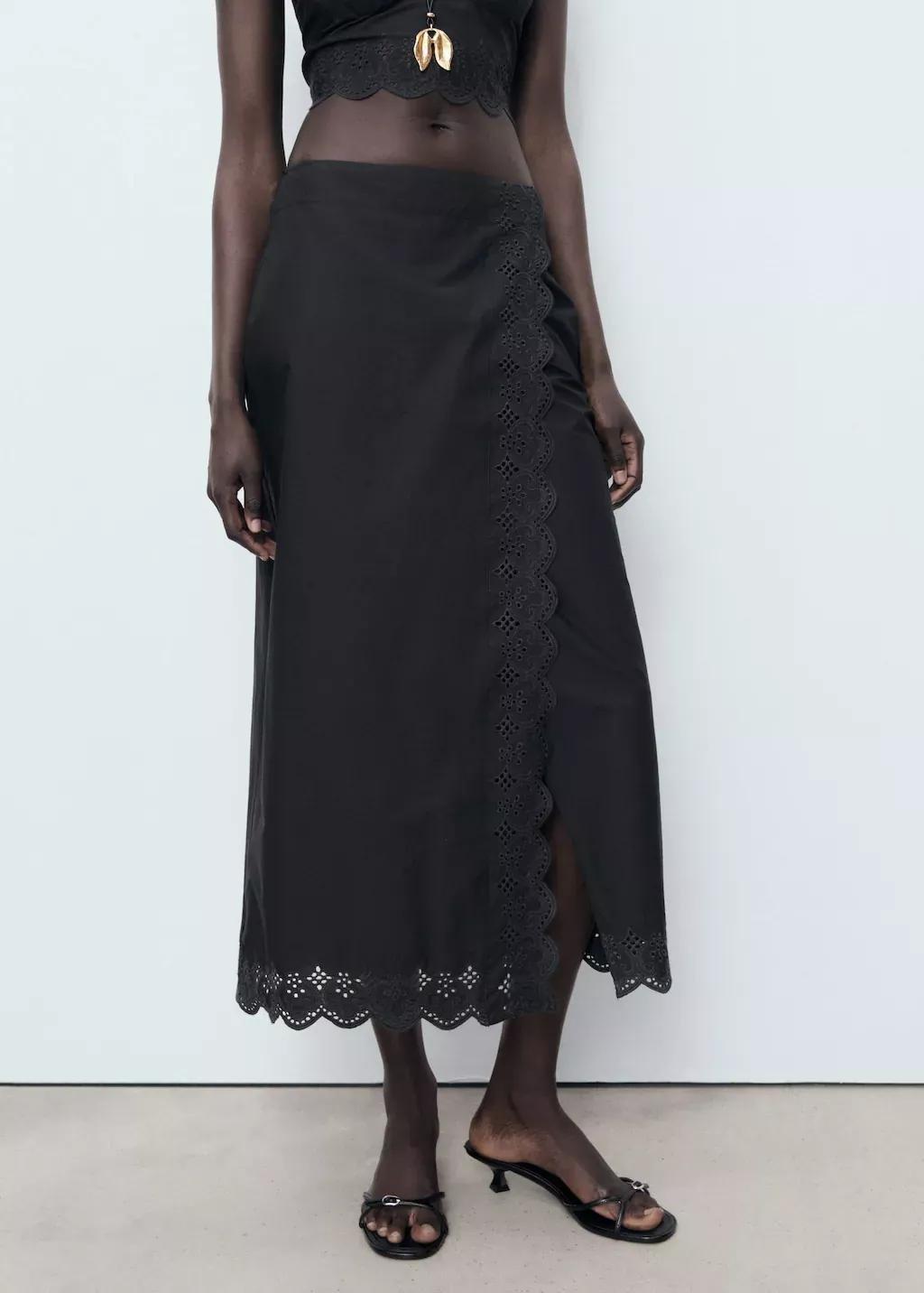 Black Embroidered Cotton Skirt, , large image number 1