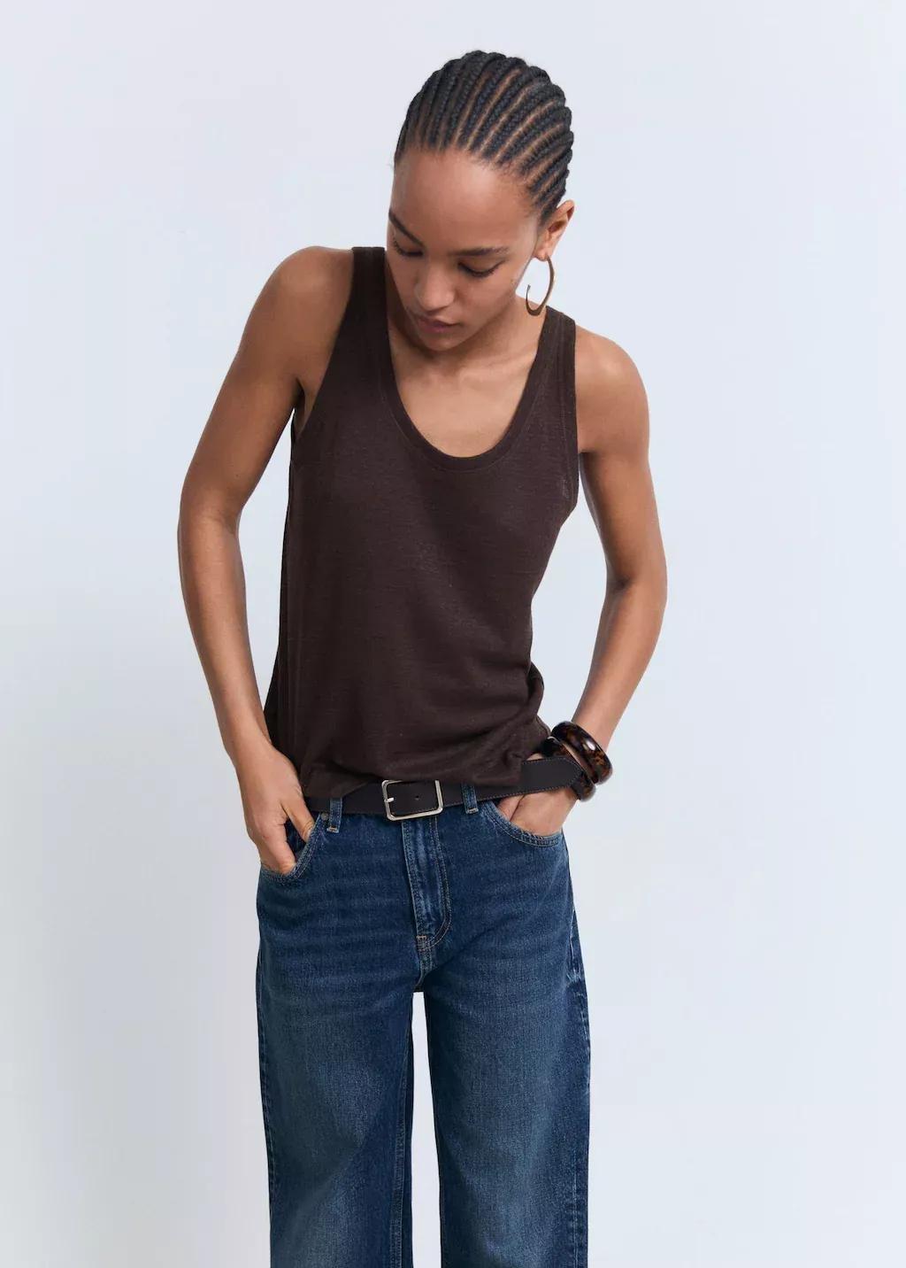 Brown Strap Linen Top, , large image number 0