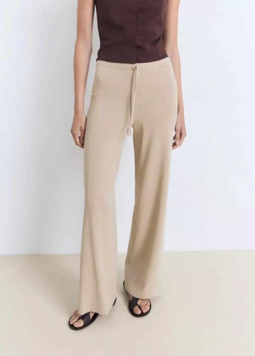 Beige Straight Knitted Trousers, , large image number 0
