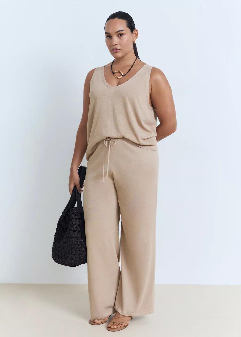 Beige Straight Knitted Trousers, , large image number 2