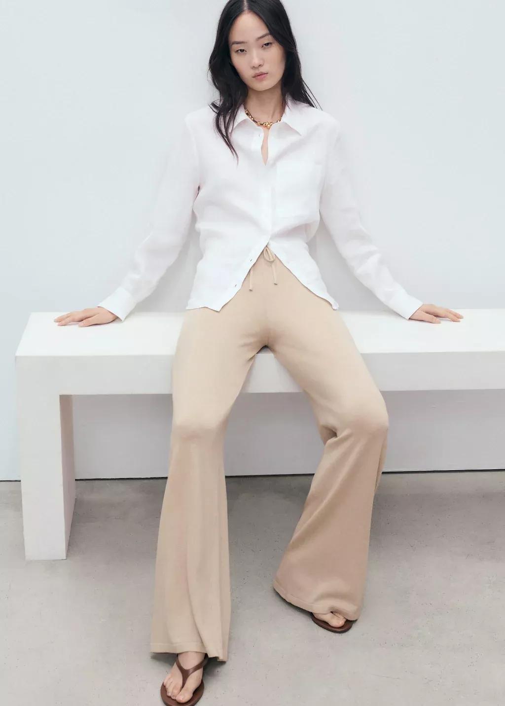 Beige Straight Knitted Trousers, , large image number 3