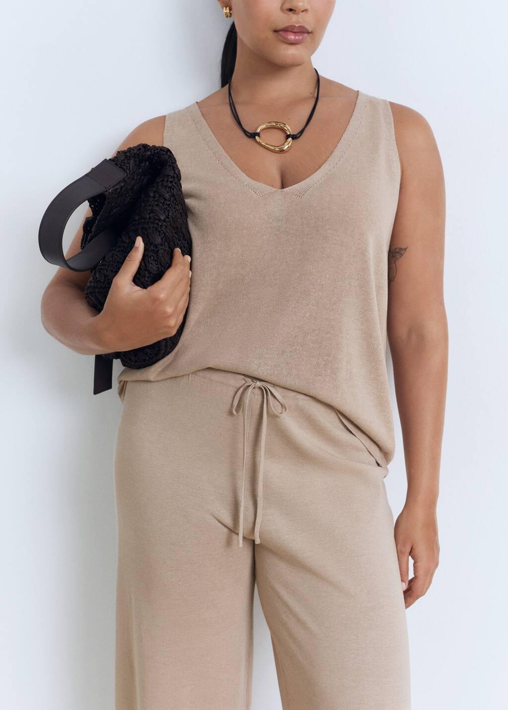 Beige Straight Knitted Trousers, , large image number 5