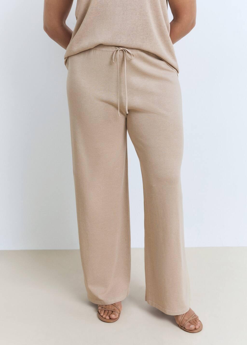 Beige Straight Knitted Trousers, , large image number 6