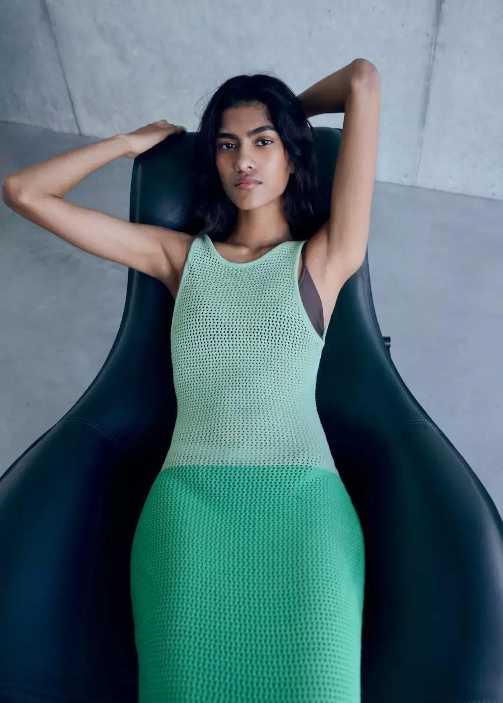 GREEN Long two-tone crochet dress, , large image number 1