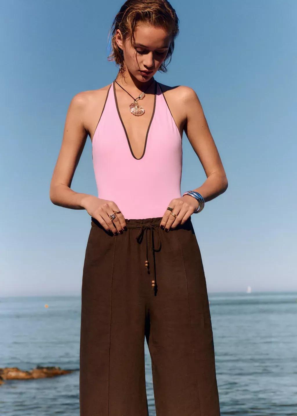 Brown Linen-Blend Elastic Waist Trousers, Medium Brown, medium