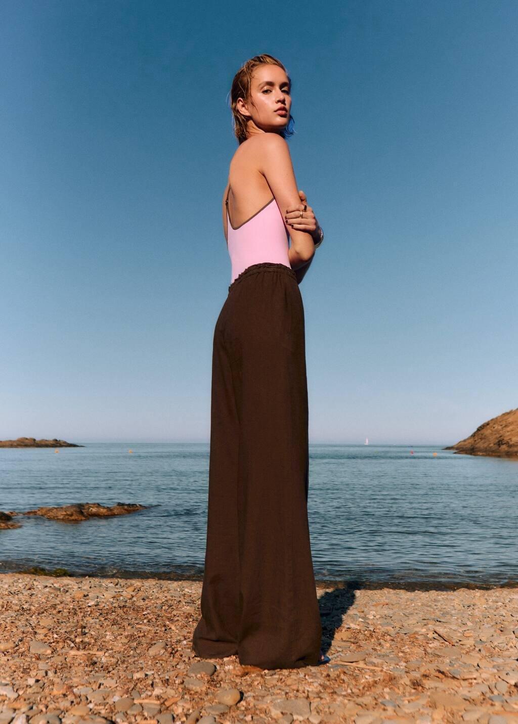 Brown Linen-Blend Elastic Waist Trousers, Medium Brown, medium