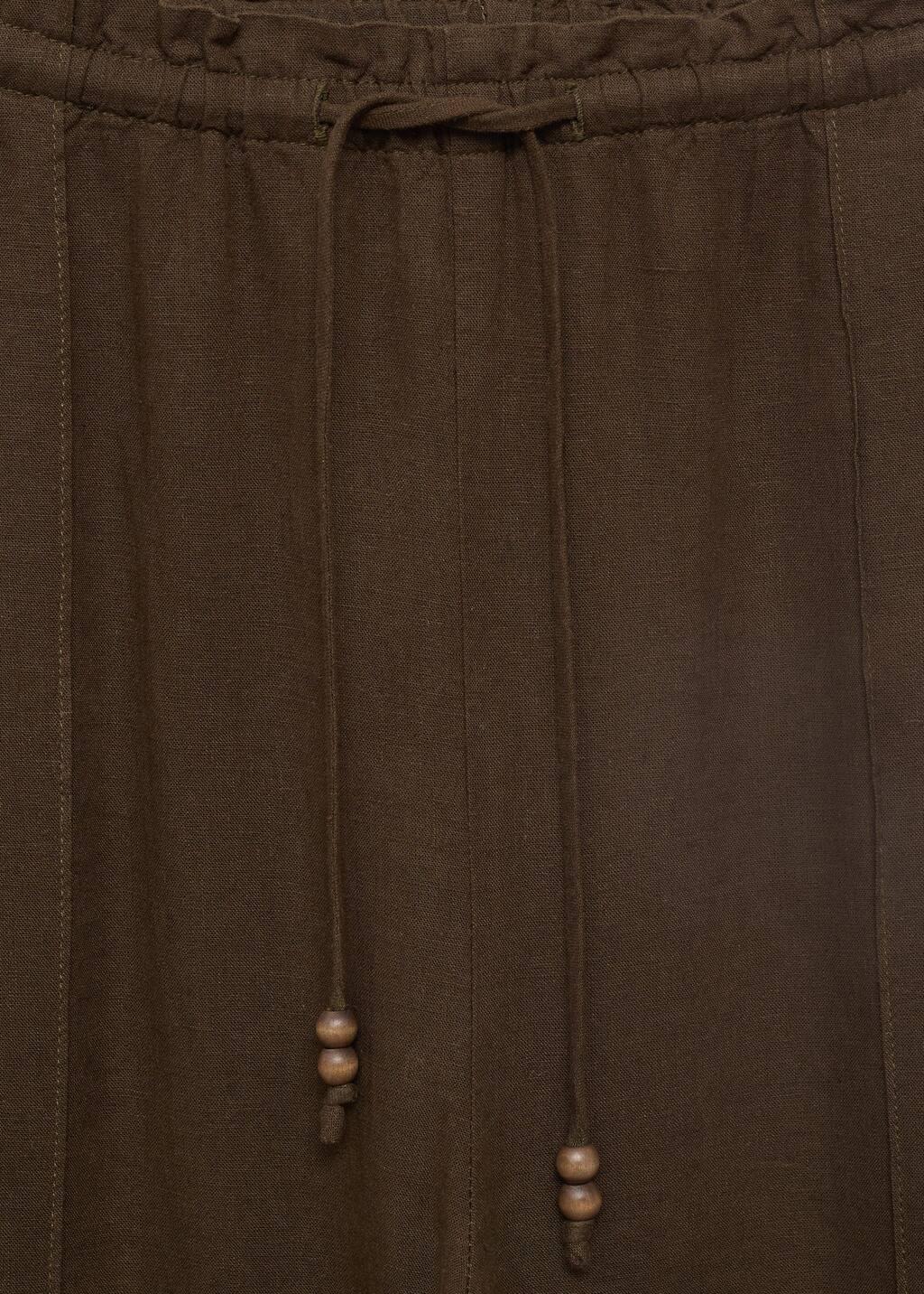 Brown Linen-Blend Elastic Waist Trousers, Medium Brown, medium