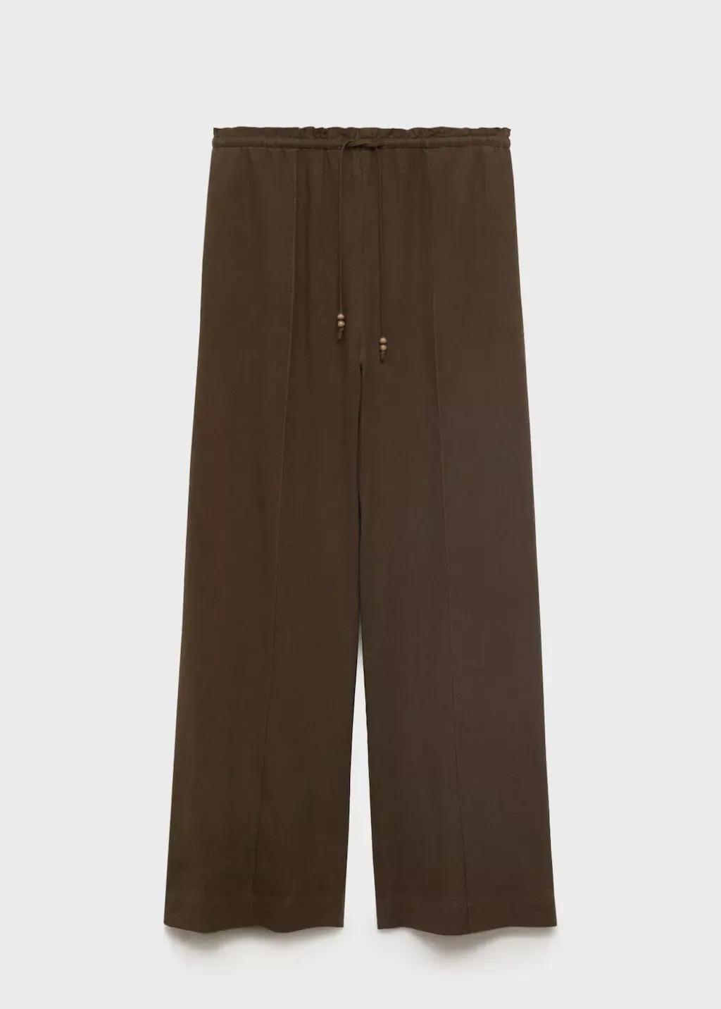 Brown Linen-Blend Elastic Waist Trousers, , large image number 3