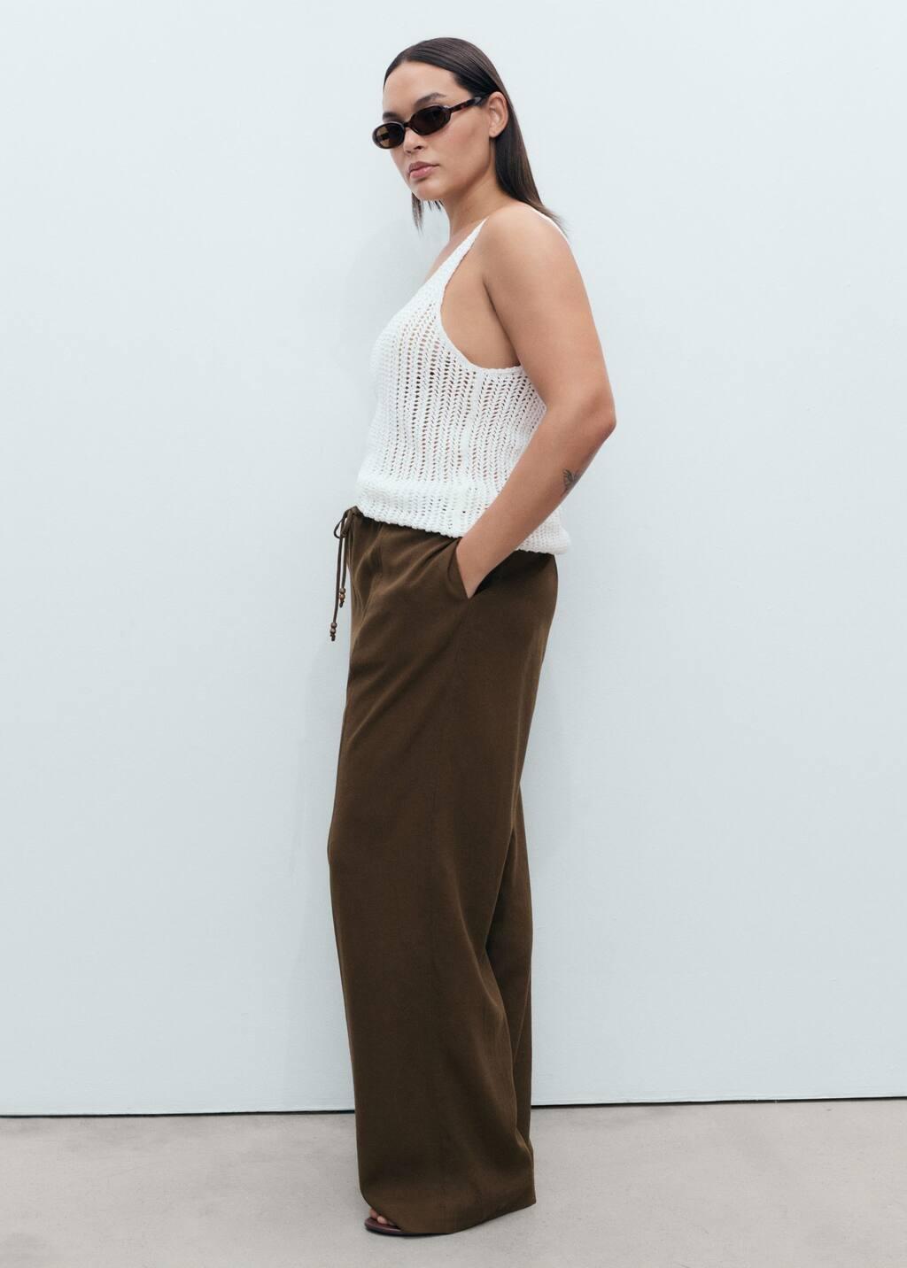 Brown Linen-Blend Elastic Waist Trousers, Medium Brown, large image number 3