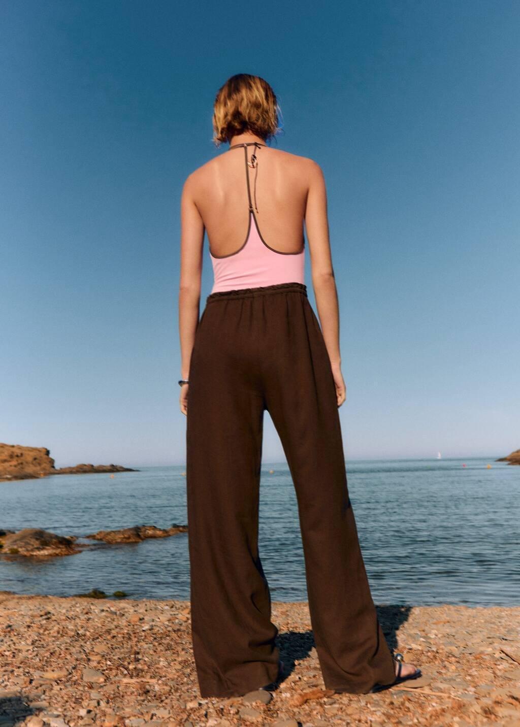 Brown Linen-Blend Elastic Waist Trousers, , large image number 4