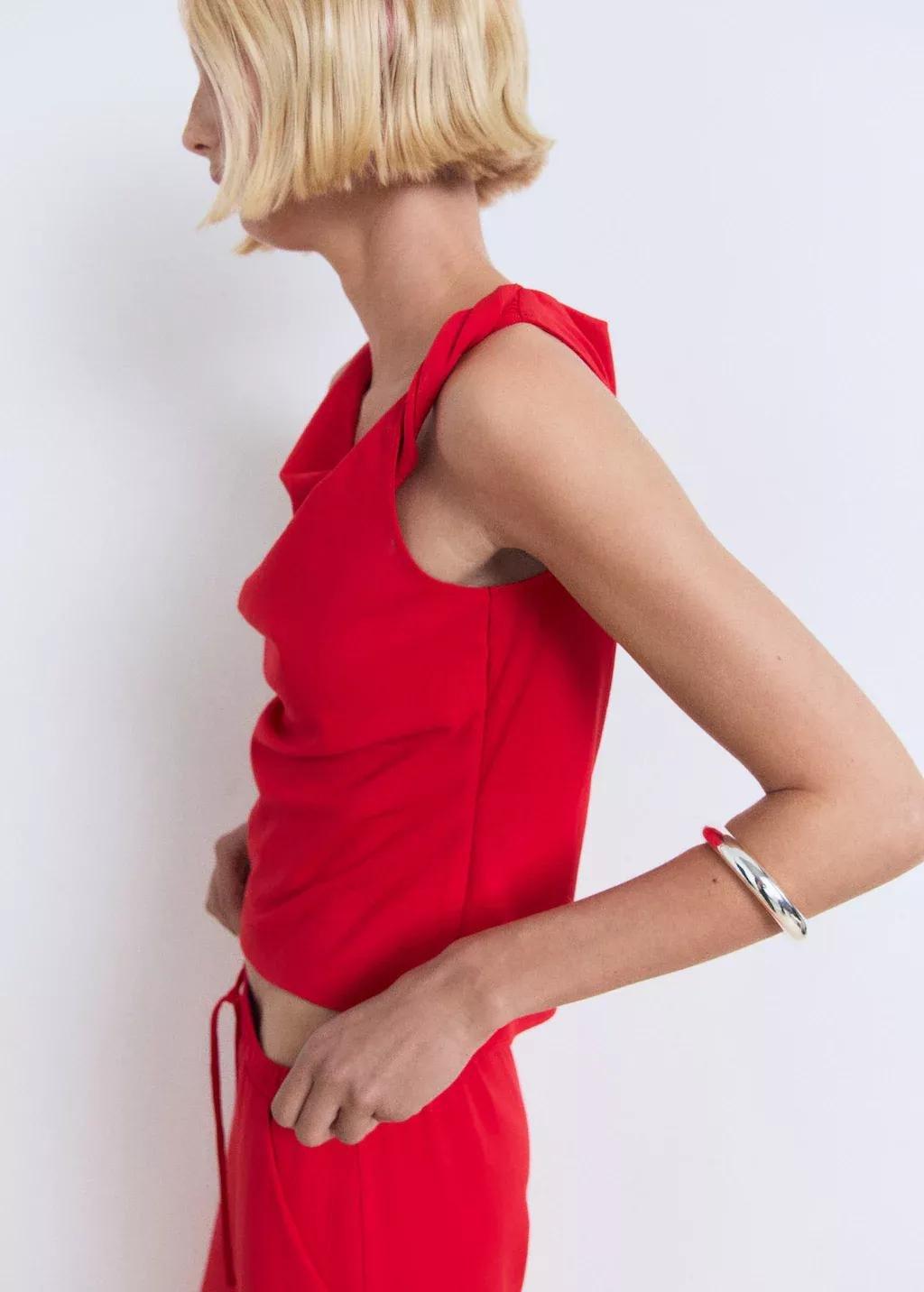 Red Asymmetrical Draped Top With Straps, , large image number 0