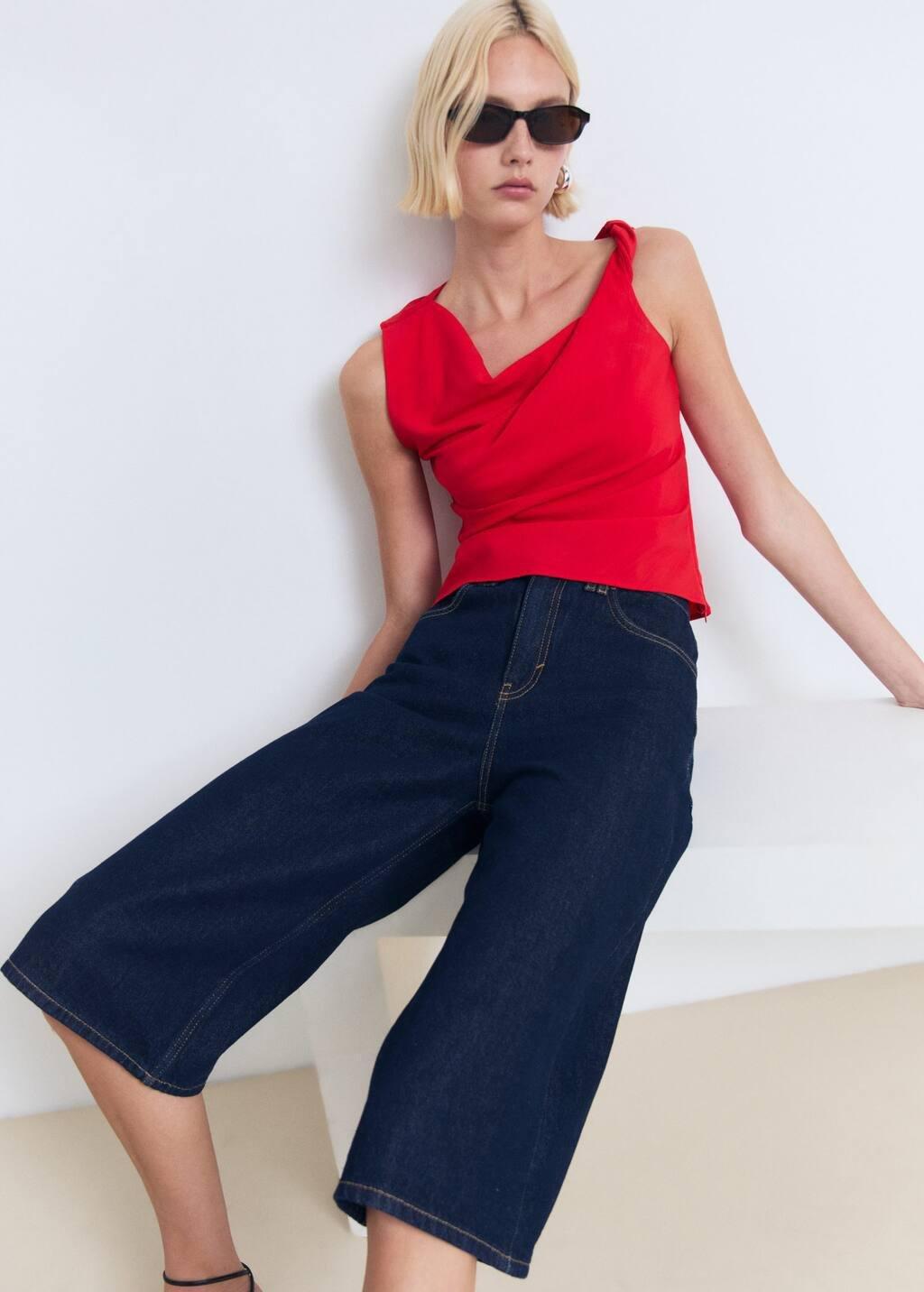 Red Asymmetrical Draped Top With Straps, , large image number 2