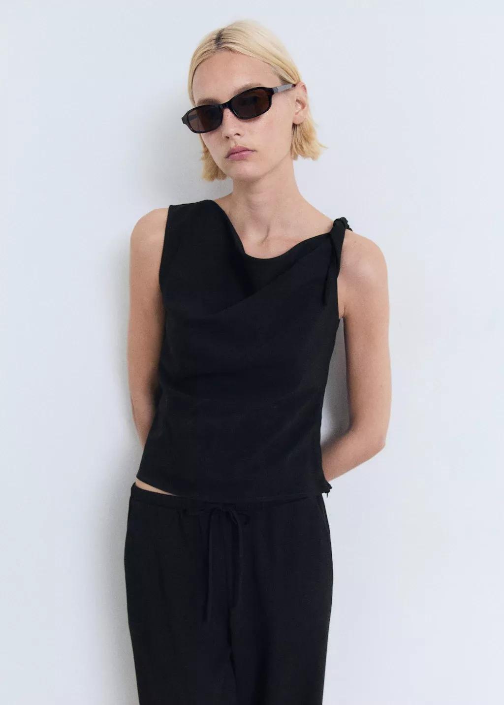 Black Asymmetrical Draped Top With Straps, Black, large image number 2