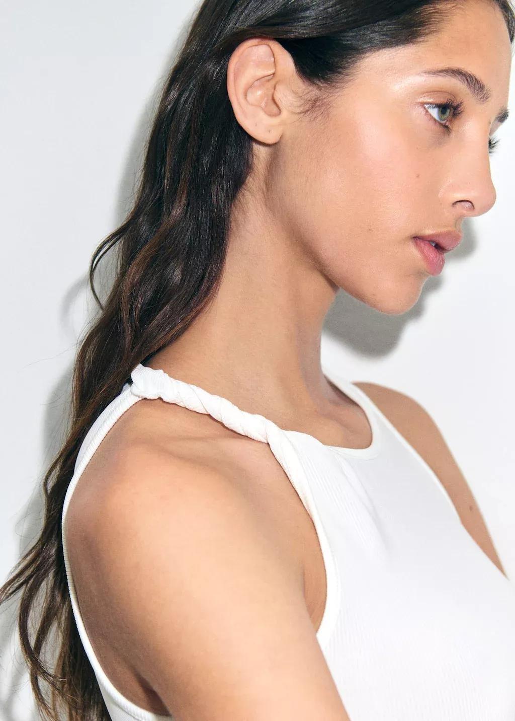 White Ribbed Top With Asymmetrical Straps, , large image number 1