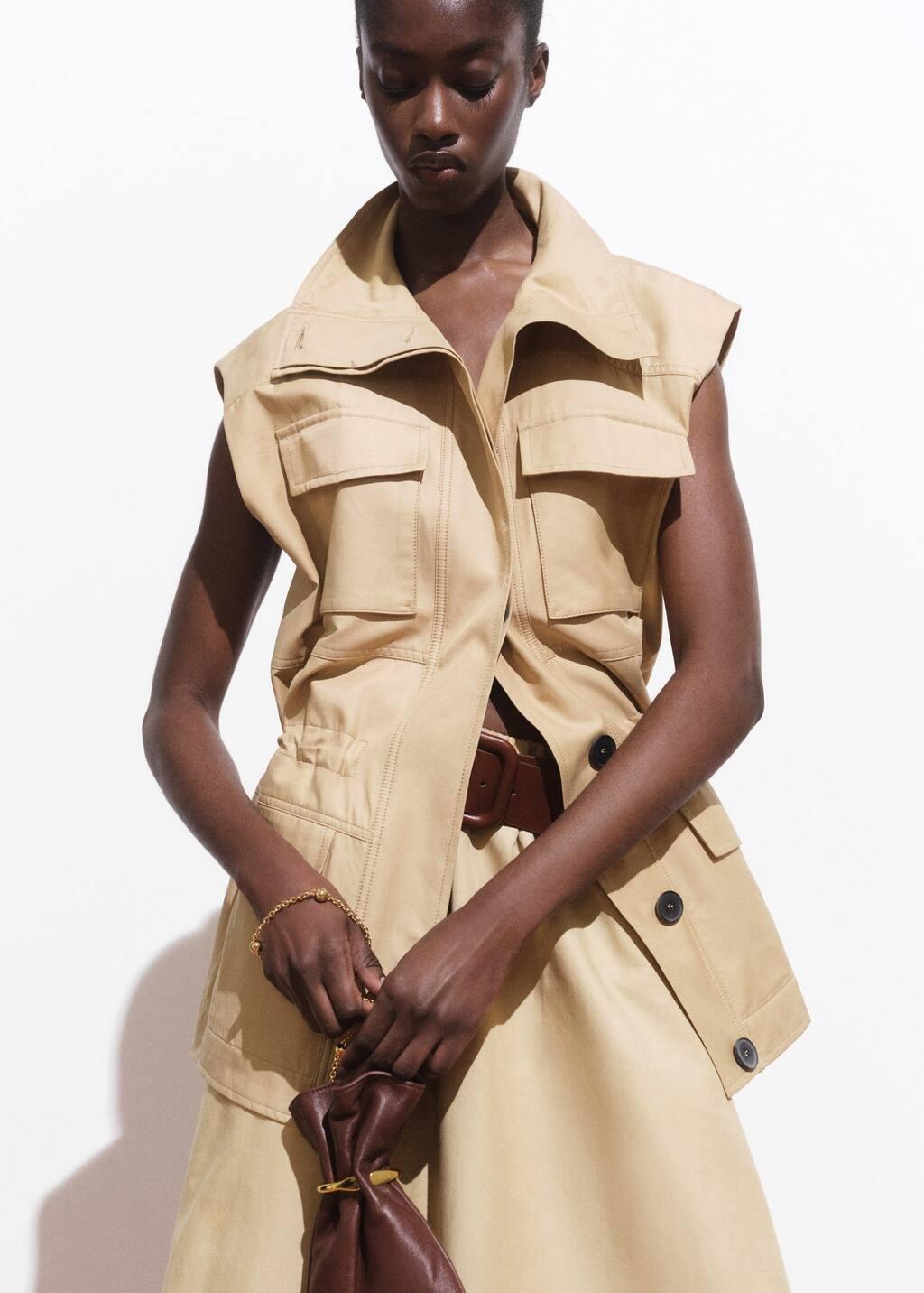 Beige Oversized Waistcoat With Cargo Pockets, , large image number 0