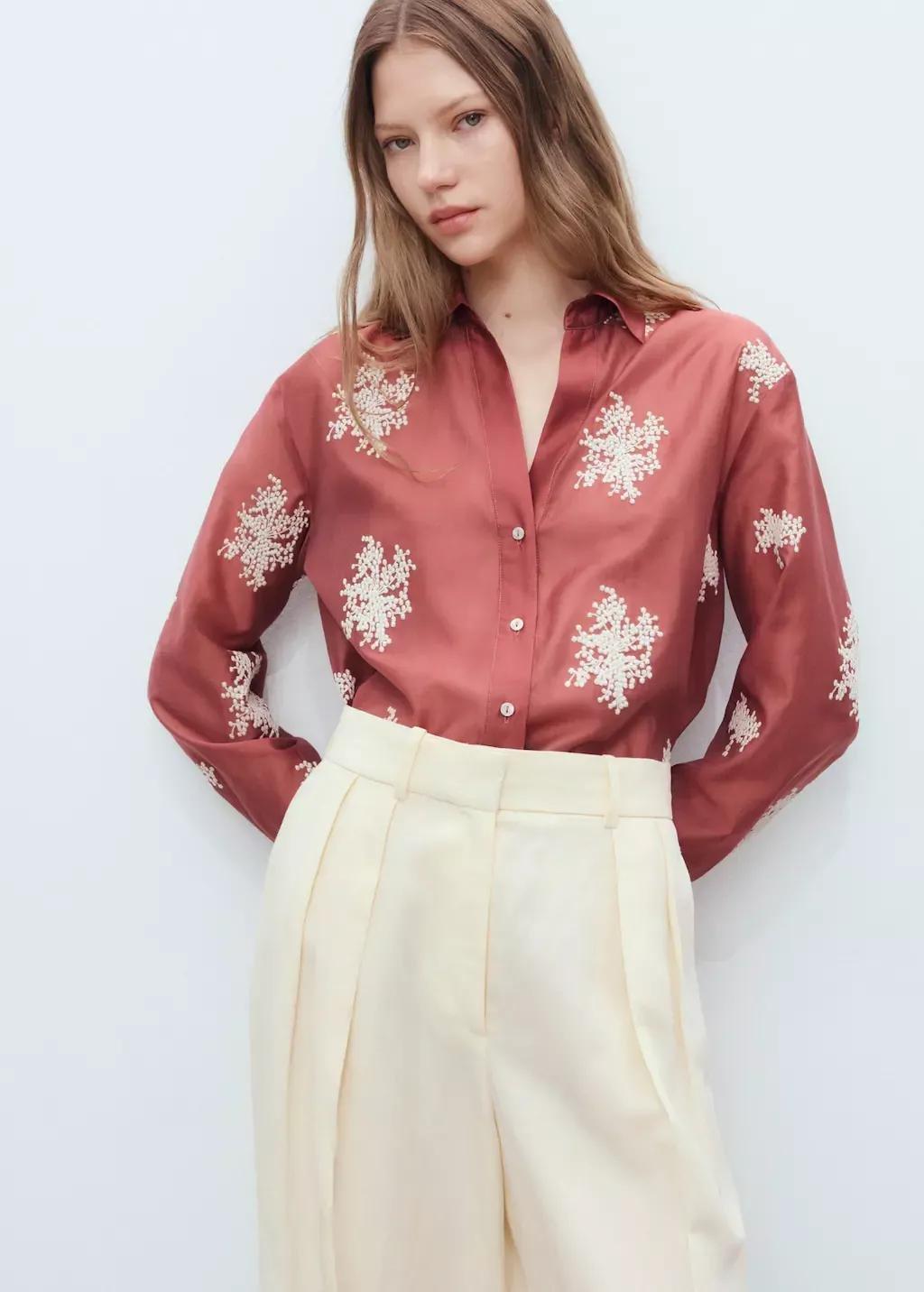 Red Embroidered Lyocell Shirt, , large image number 1