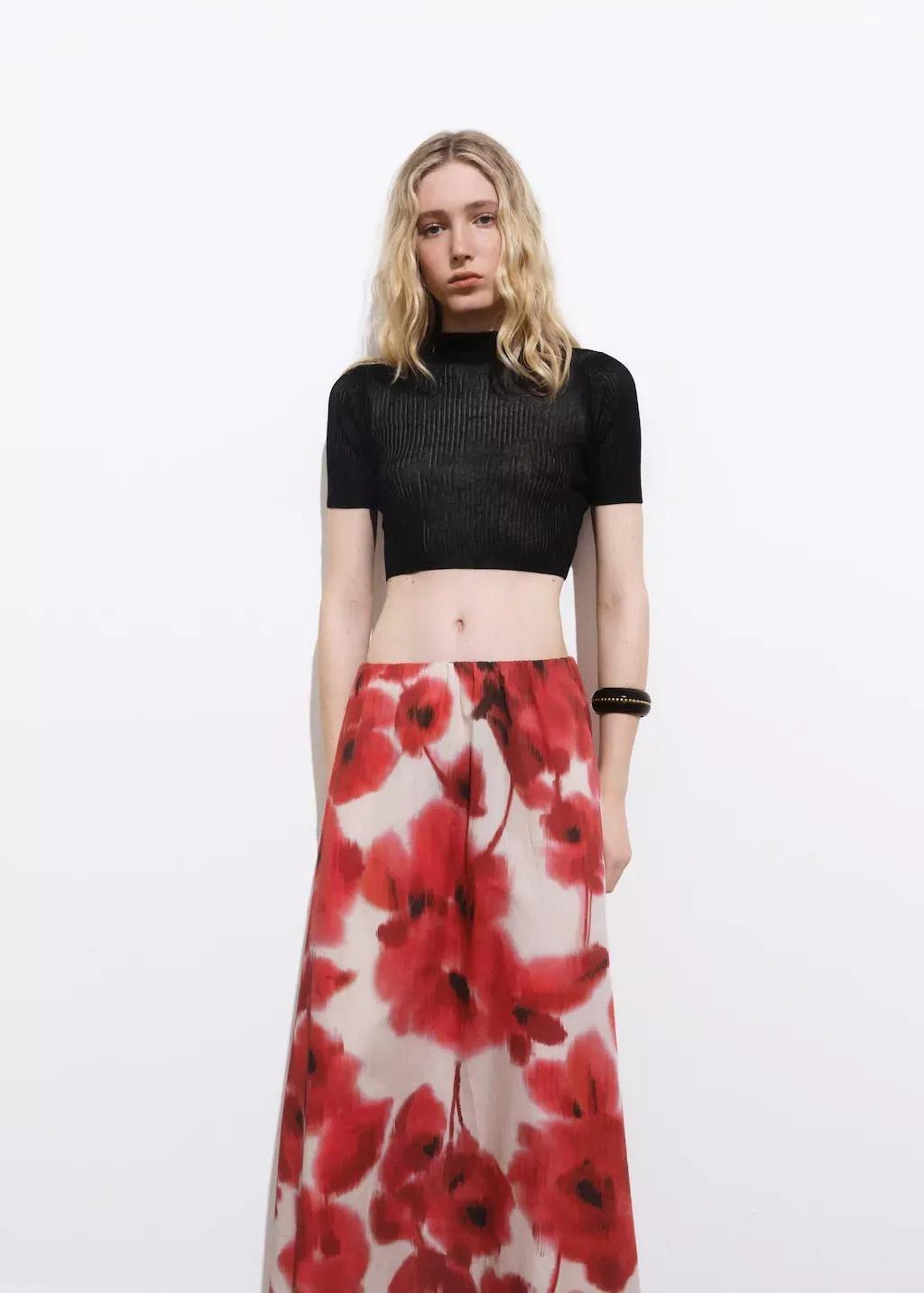 Red Floral Print Flared Skirt, , large image number 2