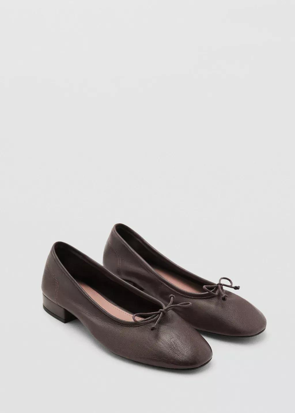 Brown Leather Ballet Flats With Bow, Dark Brown, large image number 0
