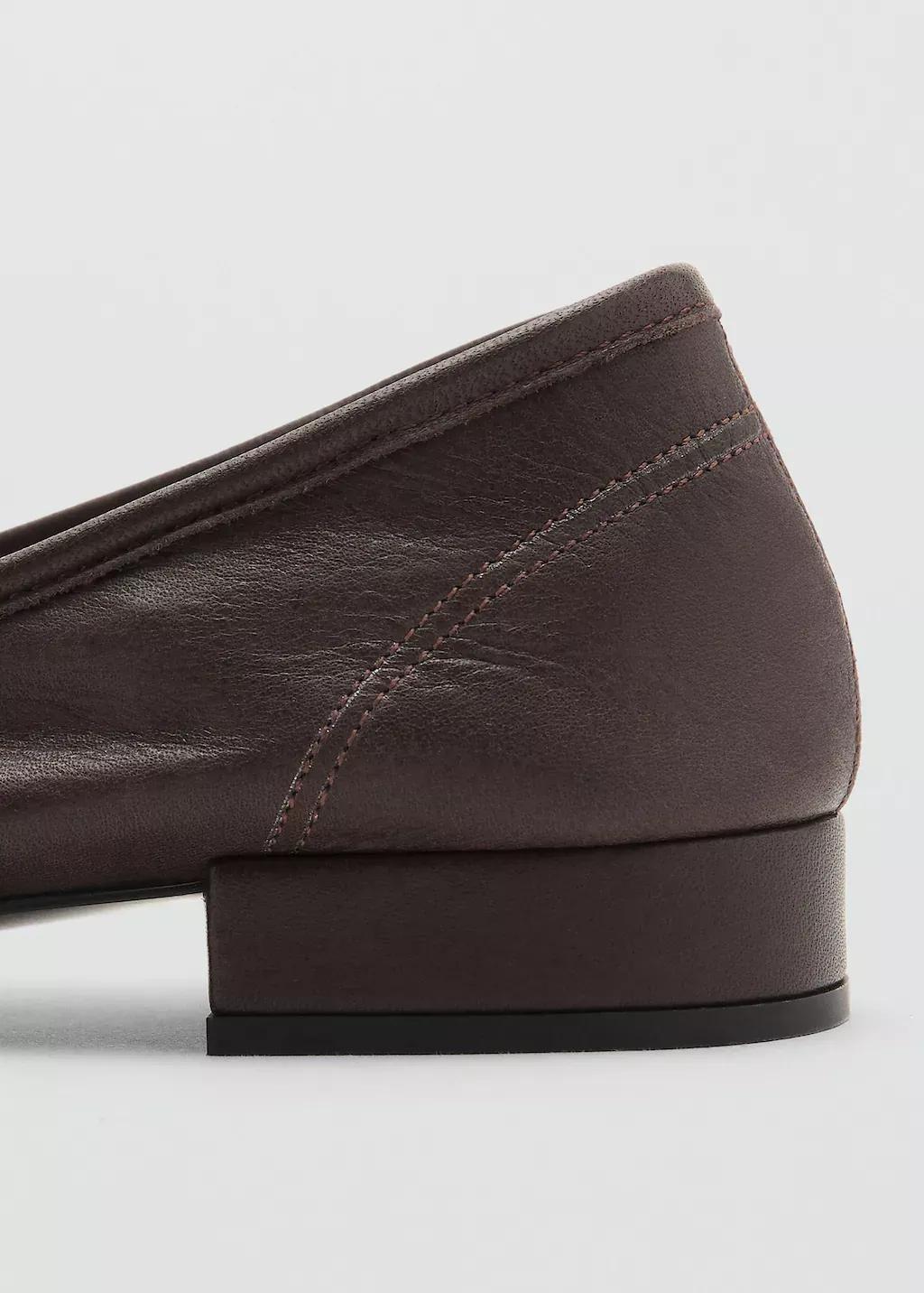 Brown Leather Ballet Flats With Bow, Dark Brown, large image number 1