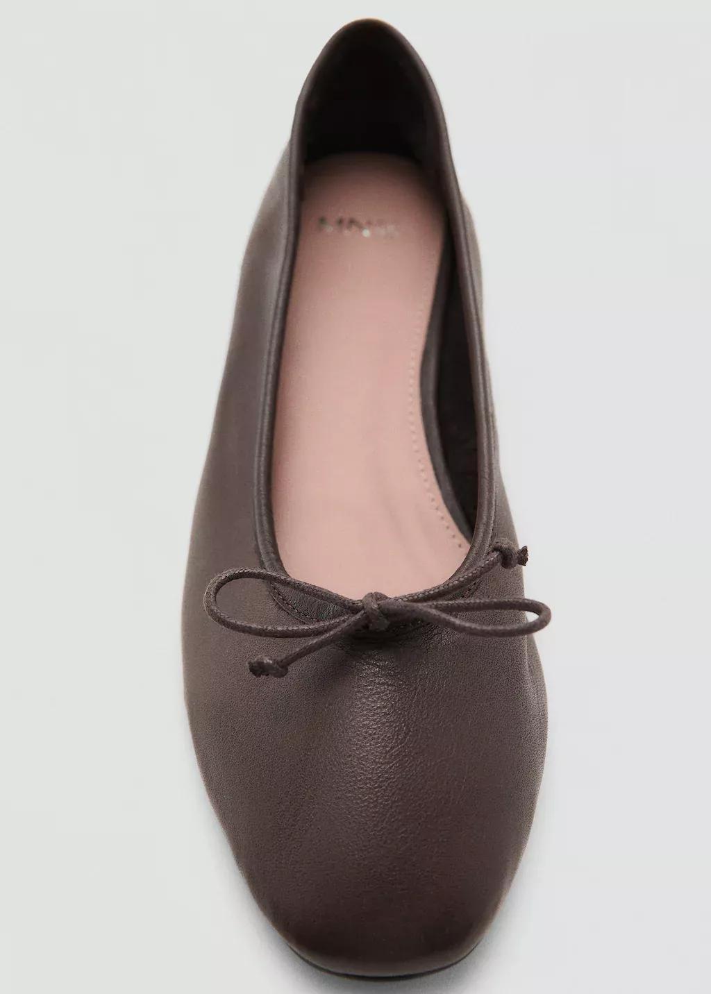 Brown Leather Ballet Flats With Bow, Dark Brown, large image number 2