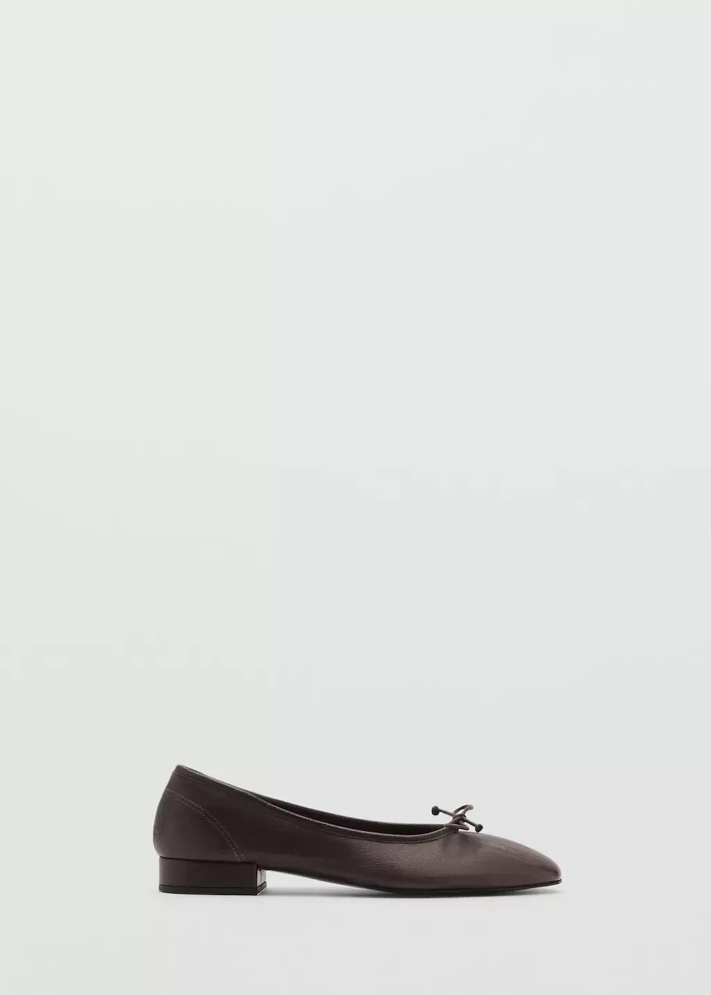Brown Leather Ballet Flats With Bow, Dark Brown, large image number 3
