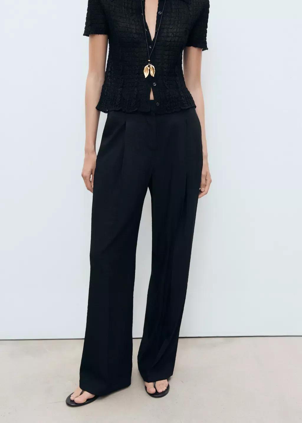 Black Wide Leg Pleated Pants, 0201_99, large image number 0