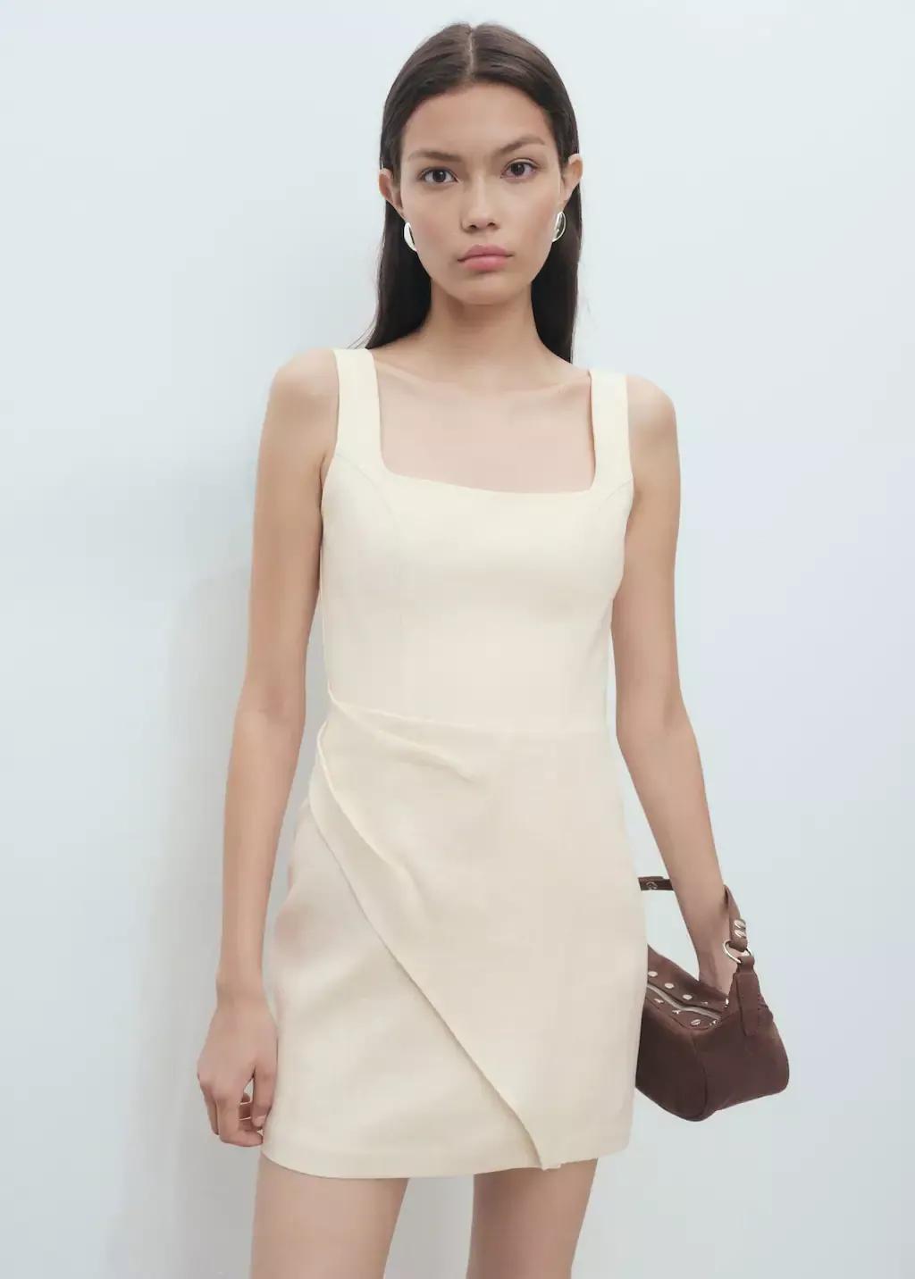 Beige Short Linen Dress, Light Beige, large image number 1