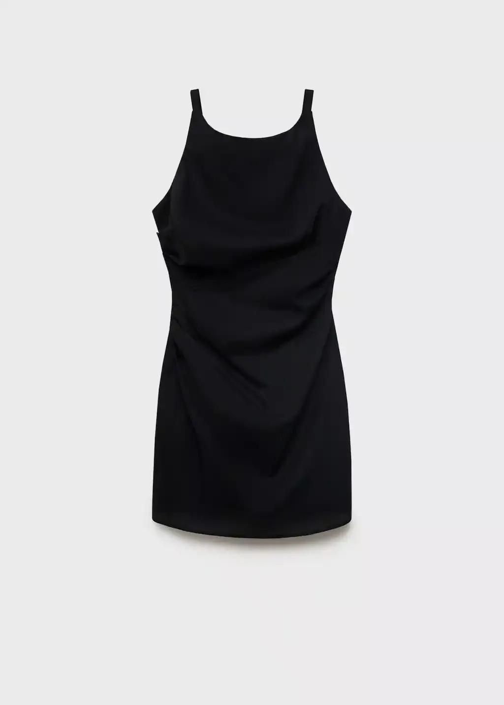 Black Short Draped Linen Dress, Black, medium