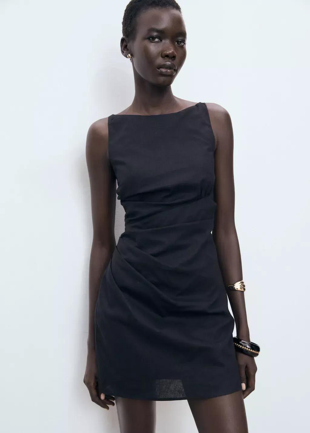 Black Short Draped Linen Dress, Black, medium