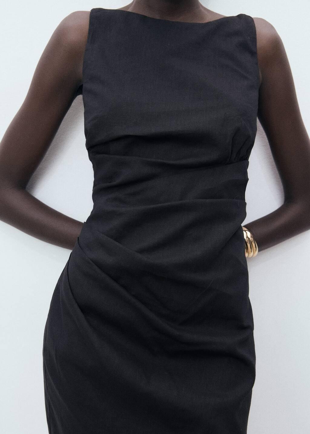 Black Short Draped Linen Dress, Black, large image number 3