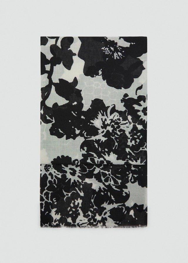 Black Floral Print Scarf, 0201_99, large image number 1