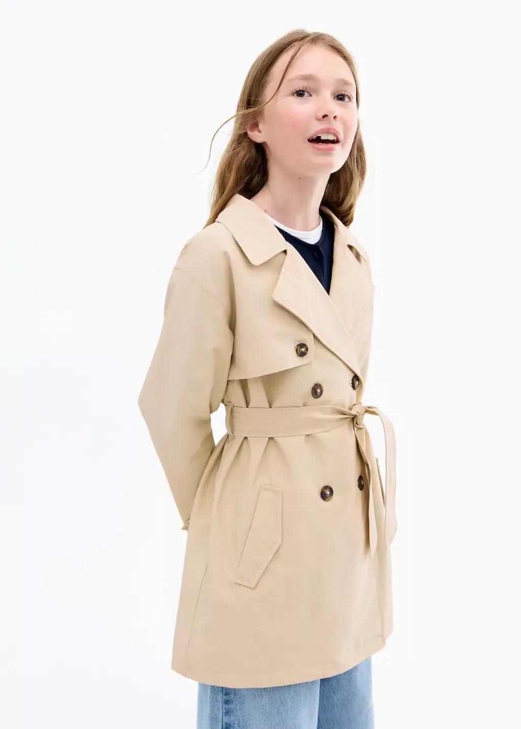 Grey Lt Pastel Double-breasted trench coat, Kids Girl, Light Pastel Grey, medium