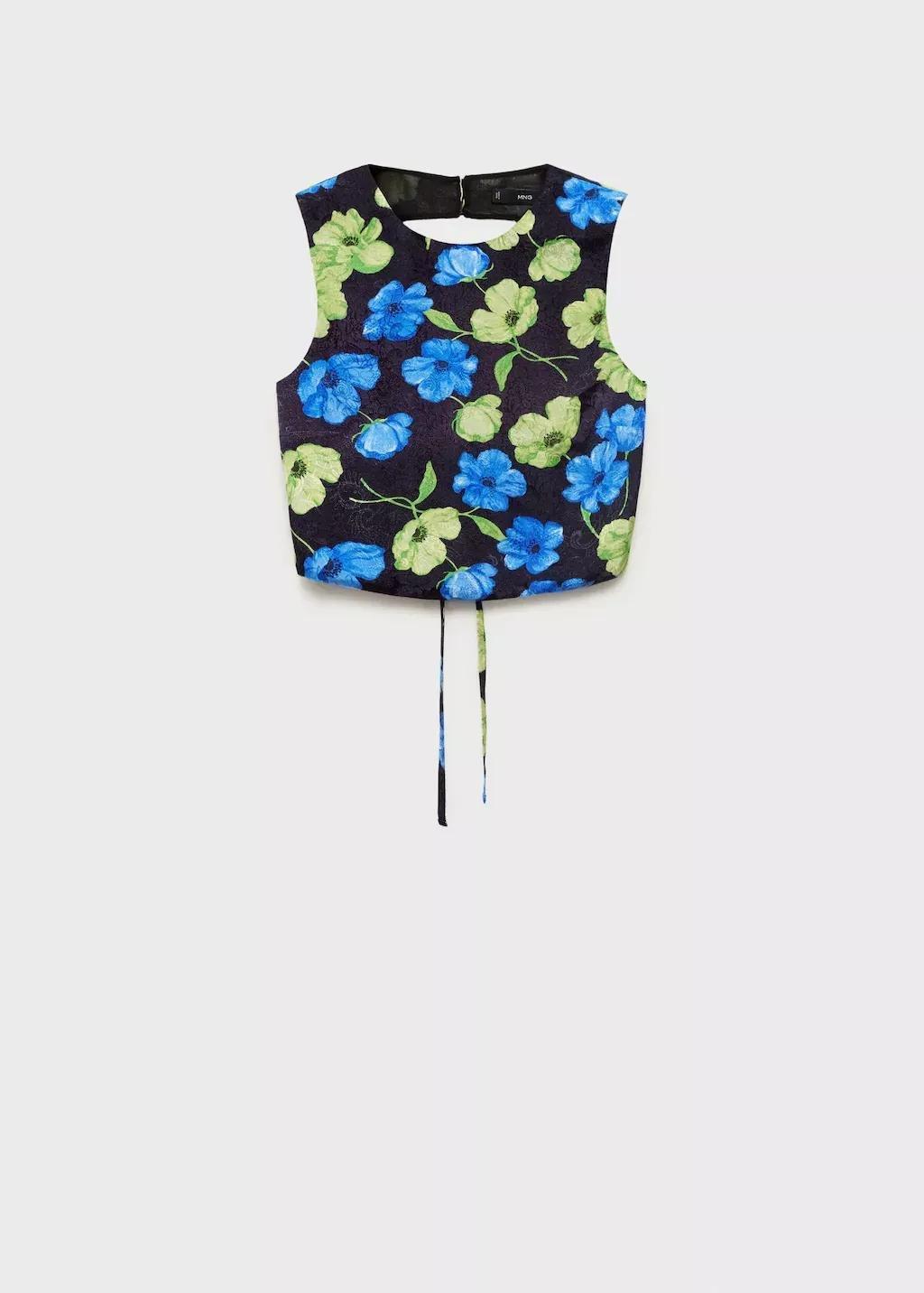 Black Floral-Print Open-Back Cropped Blouse, Black, large image number 0