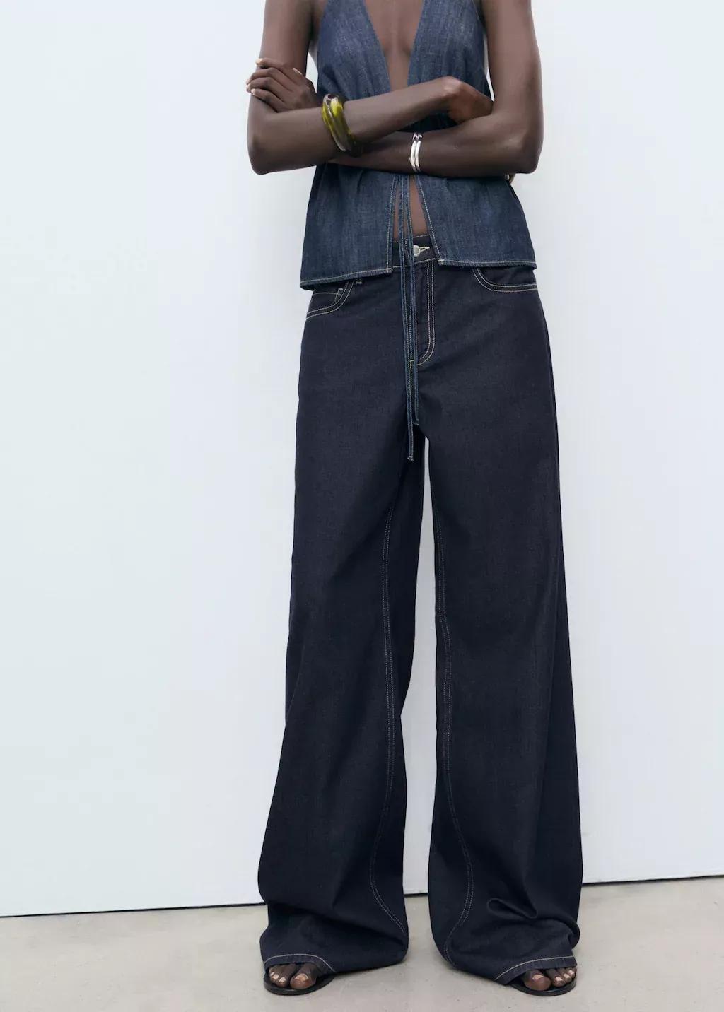 Blue Low Waist Wide leg Jeans, , large image number 1