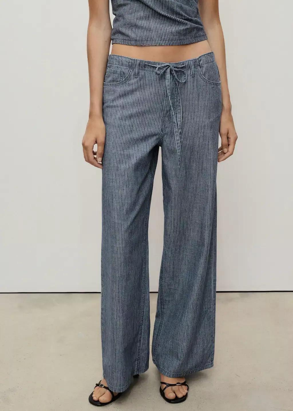 Blue Wide Leg Denim Trousers With Belt, , large image number 1