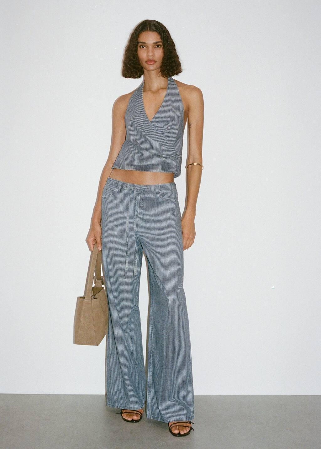 Blue Wide Leg Denim Trousers With Belt, , large image number 2
