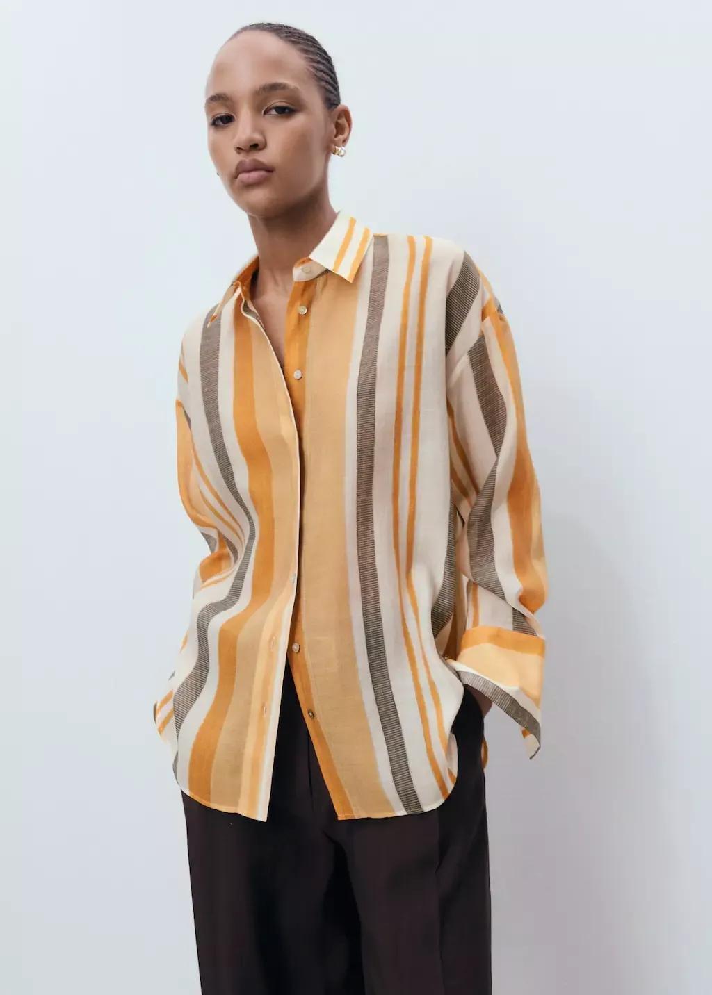 Orange Lyocell Striped Shirt, , large image number 1