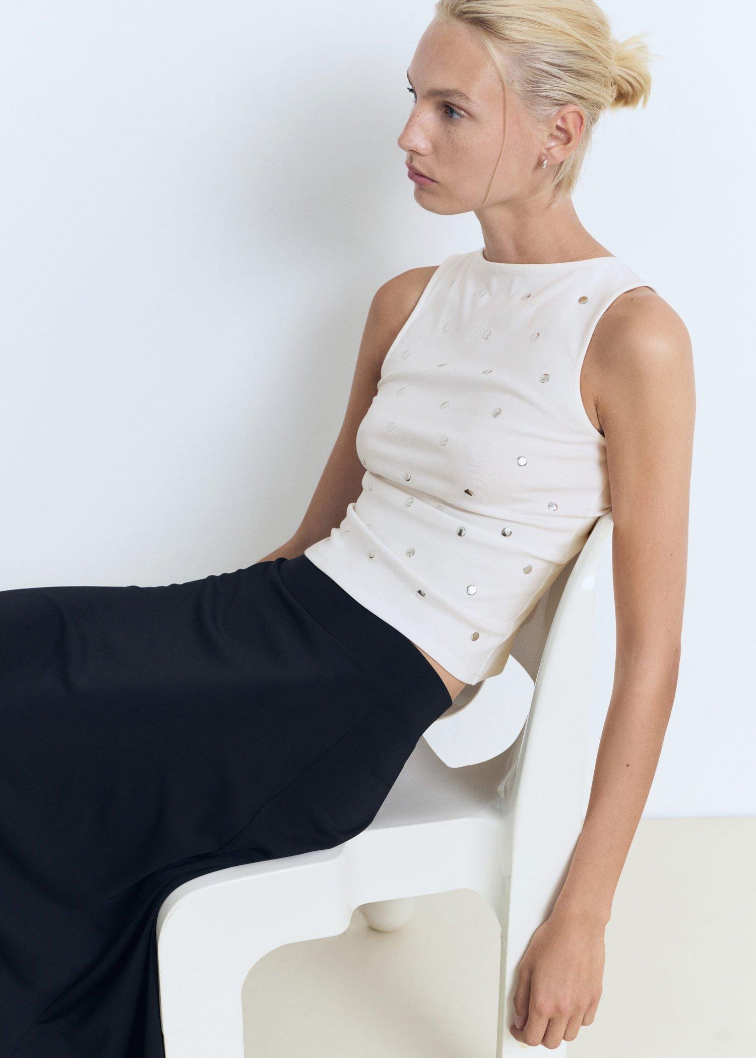 White Cotton Studded Top, White, large image number 4