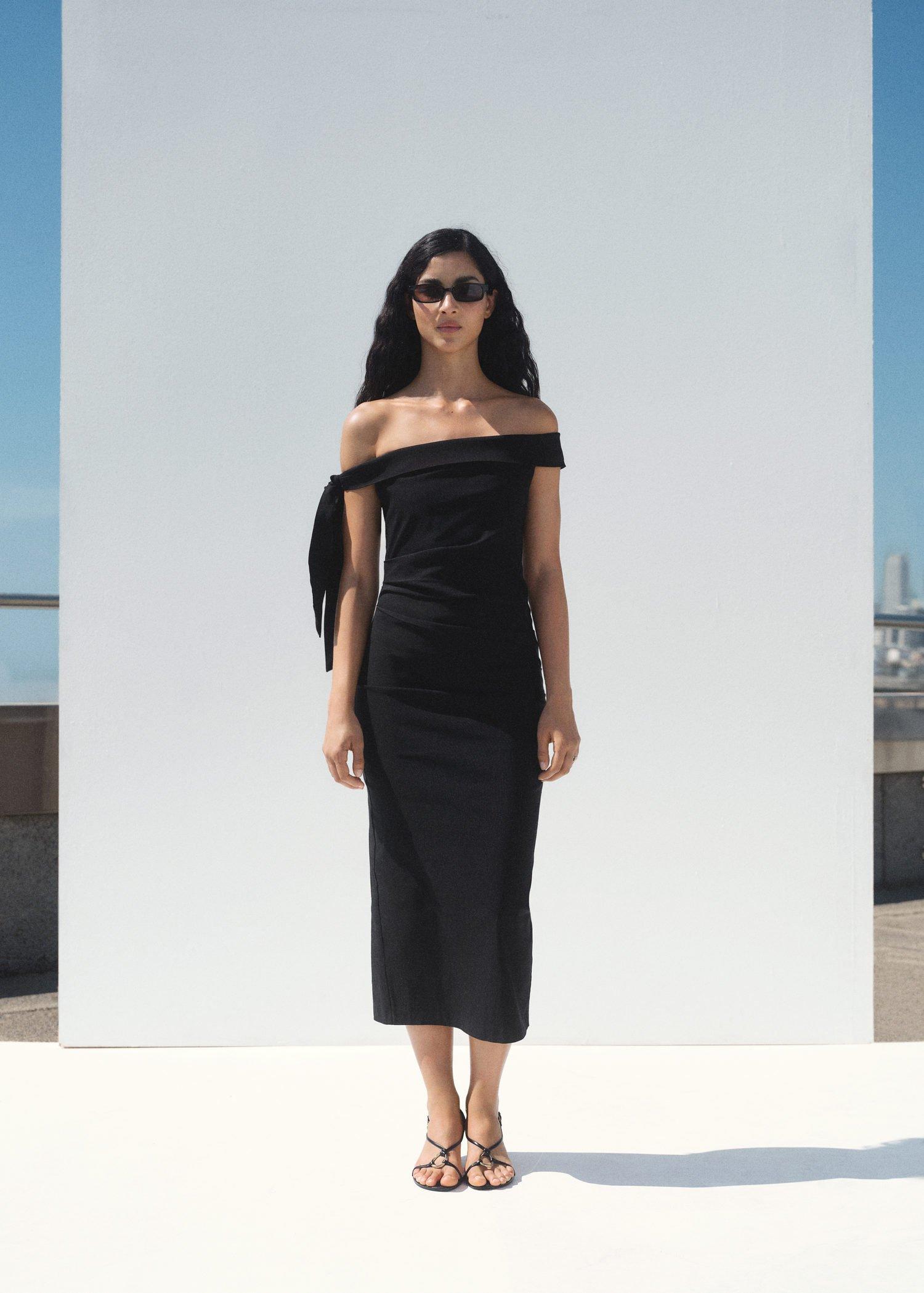 Black Strapless Dress With Bow Detail, , large image number 0