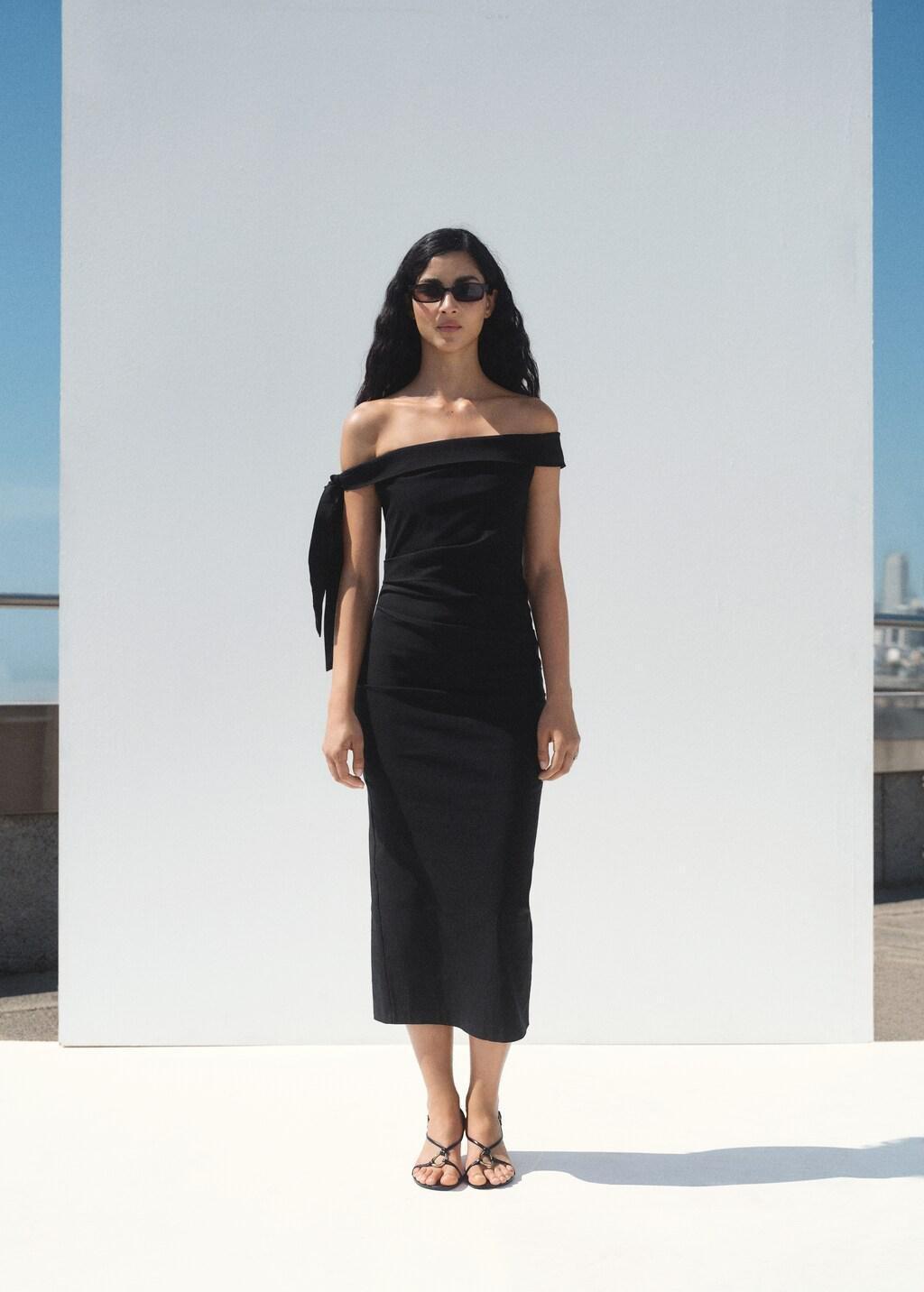 Black Strapless Dress With Bow Detail, , large image number 1