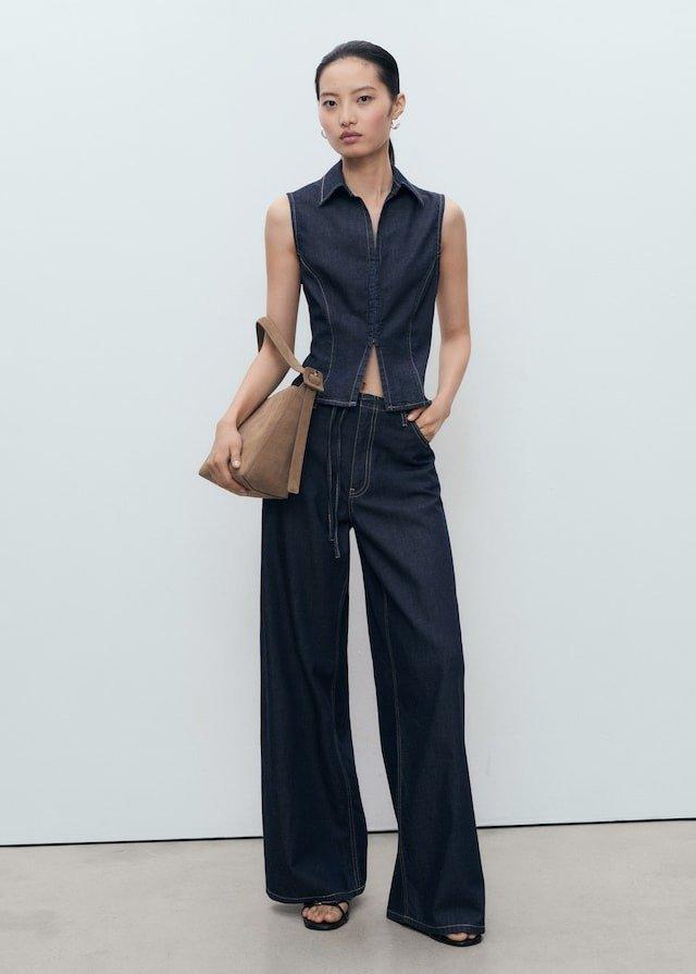 Blue Denim Top With Contrast Stitching, , large image number 1