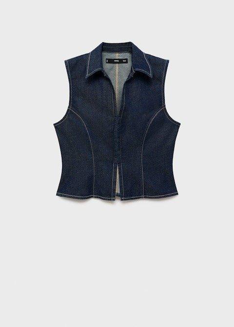 Blue Denim Top With Contrast Stitching, , large image number 6