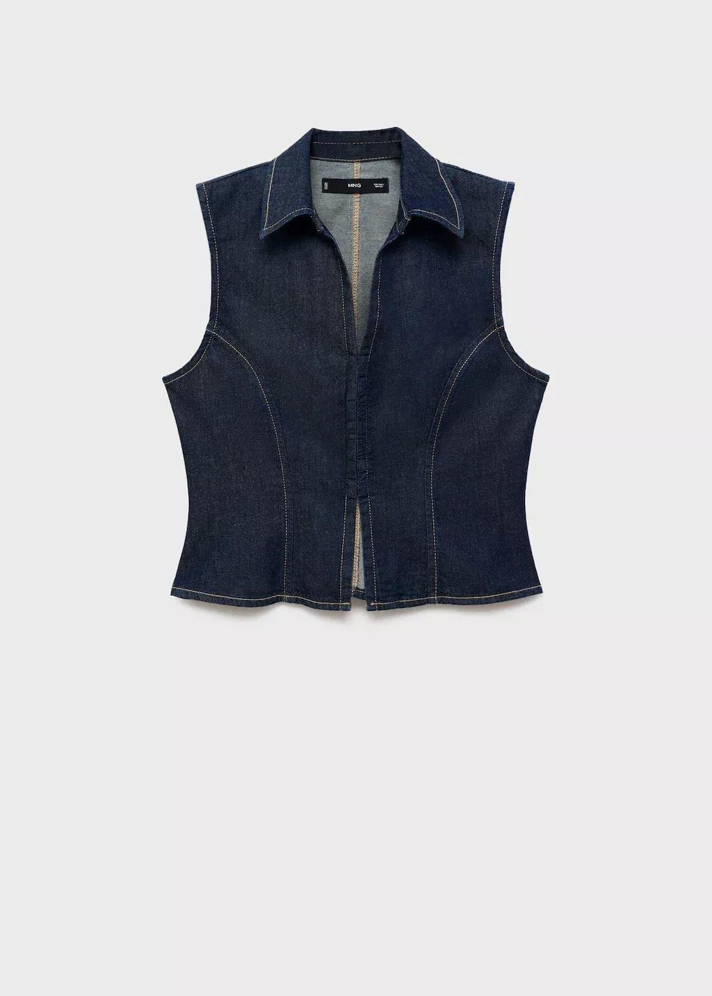 Blue Denim Top With Contrast Stitching, Open Blue, large image number 7