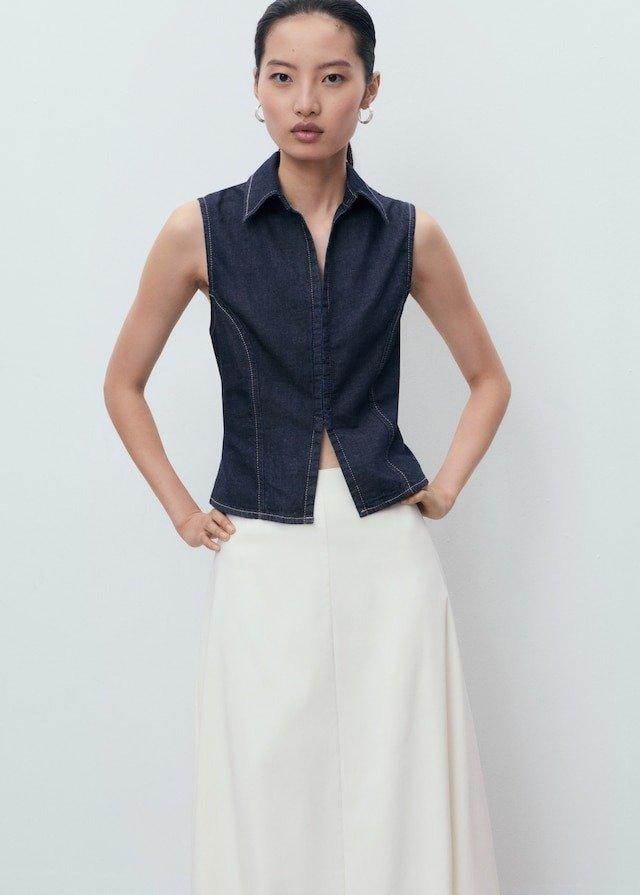 Blue Denim Top With Contrast Stitching, Open Blue, large image number 8